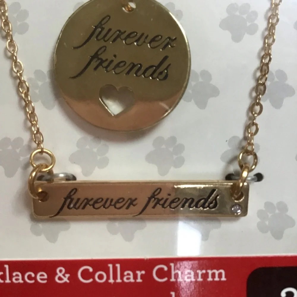 Furever Friends Gold Tone Necklace &‎ Pet  Collar Charm Set NWT